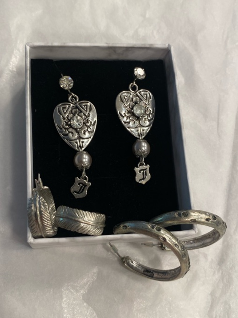 Silver Earring Bundle 3 Pair Set | Heart Dangle + Textured Hoops | Vintage Style - Picture 2 of 10
